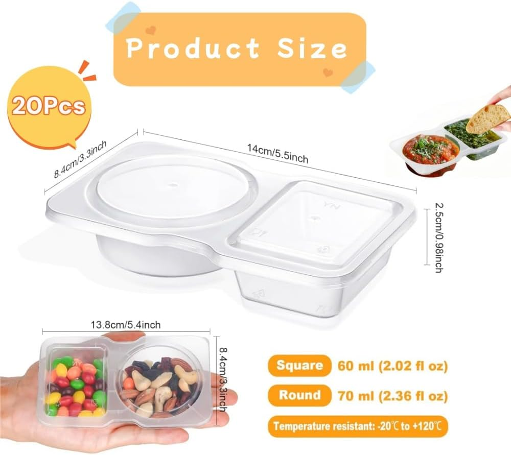 30Pcs Double Compartment Condiment Container with Lids,2 Compartment Snack Containers,Portable Reusable Sauce Container,Containers for Condiment, Dip, Sauce, Sampling and Travel Snacks image number 6