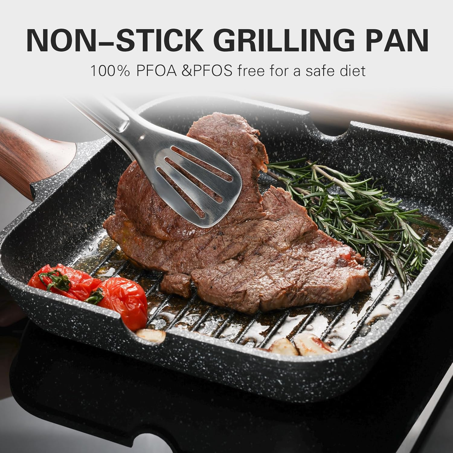 Kordisen Nonstick Grilling Pan for Stove Tops, 11 Inch Square Grill Pan for Indoor Cooking, Granite Coating Grill Skillet with Pour Spouts, Versatile Griddle, Induction Steak Pan, PFOA Free image number 2