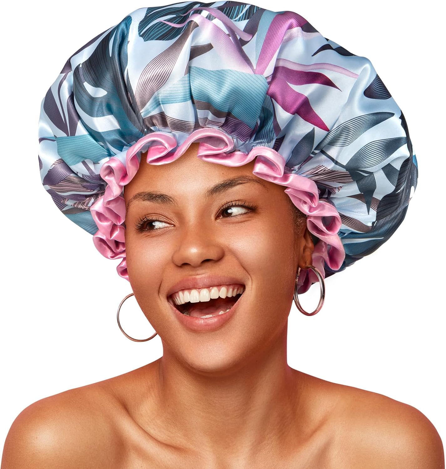 Mikimini Large Shower Cap for Women Reusable Waterproof, Hair Cap for Shower with Double Layers, Tropic Style Hair Cover with Elastic Band for Shower Suit for Meidum Hair, Braids, Meidum image number 3