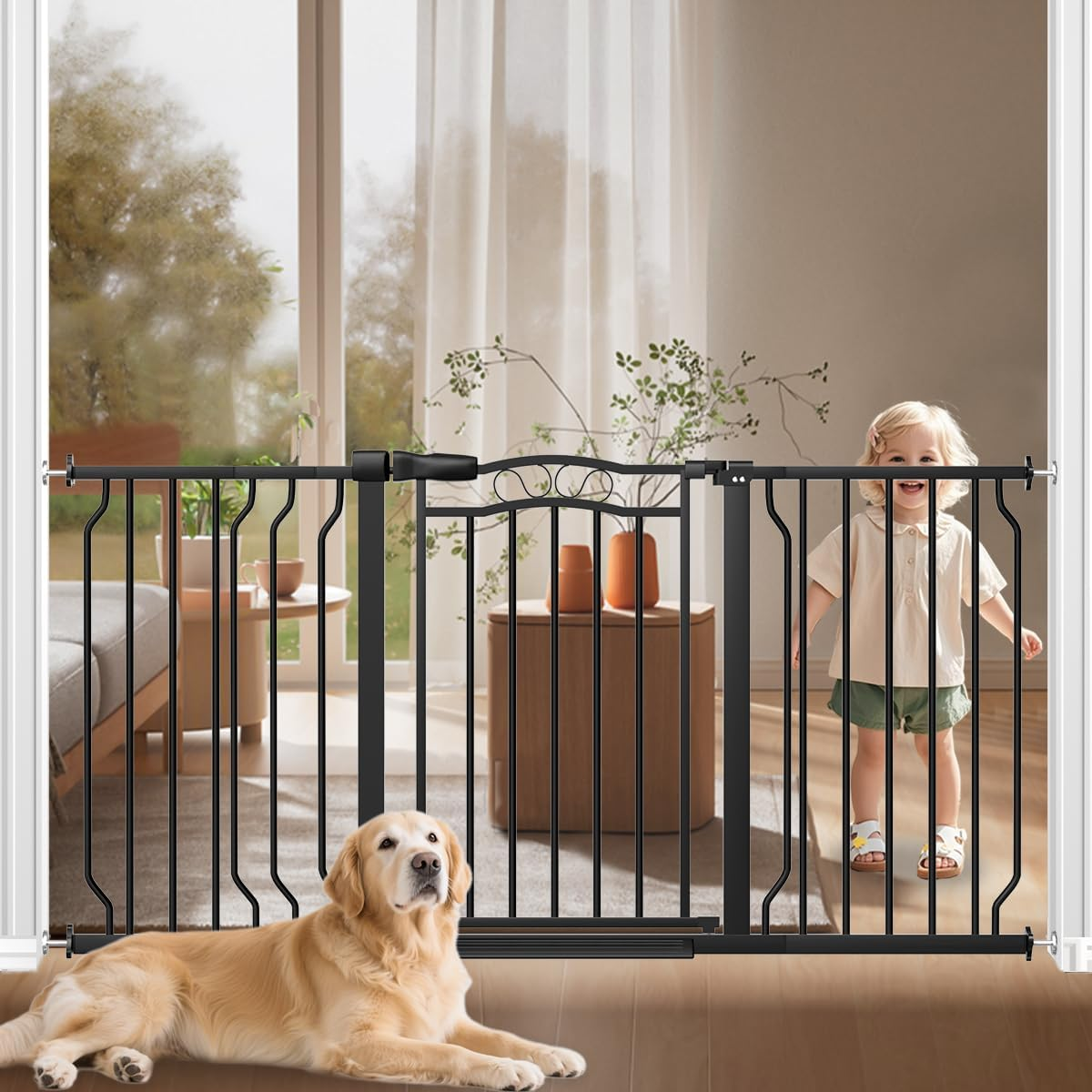 53.1-62.2" Extra Wide Baby Gate for Stairs No Drilling, 30" Tall Auto Close Press Mounted Baby Gate for Doorways, Adjustable Width Walk through Dog Gates for Doorways, Black image number 6