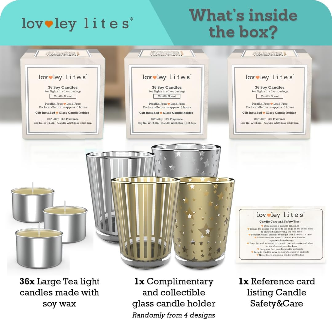 Soy Tealight Candles Vanilla - 36 Premium Long Burning Tea Lights, 1 Inch Tall Vanilla Scented with Essential Oils + Glass Candle Holder image number 5