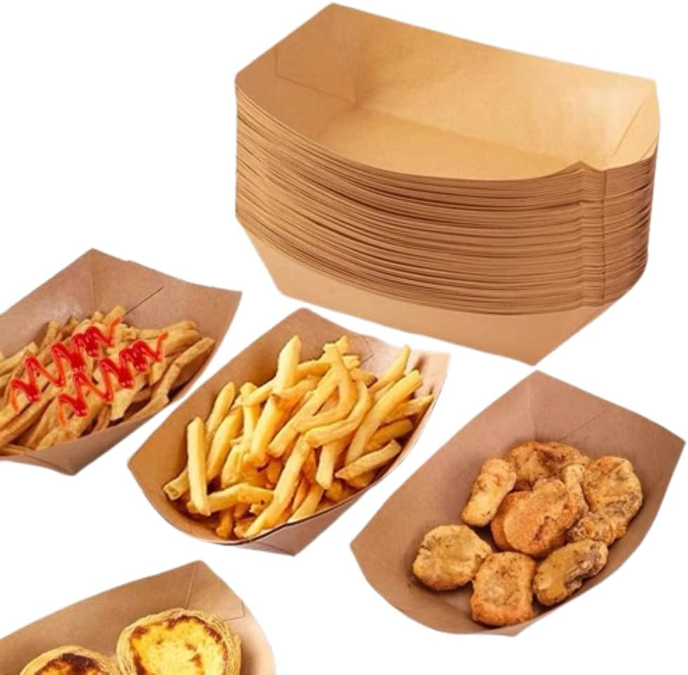 YC-GREHUN 100 Pcs Disposable Brown Kraft Paper Food Tray for French Fries and Nachos, BBQ Popcorn Party, Picnic and Wedding Party Snack Food Serving Tray