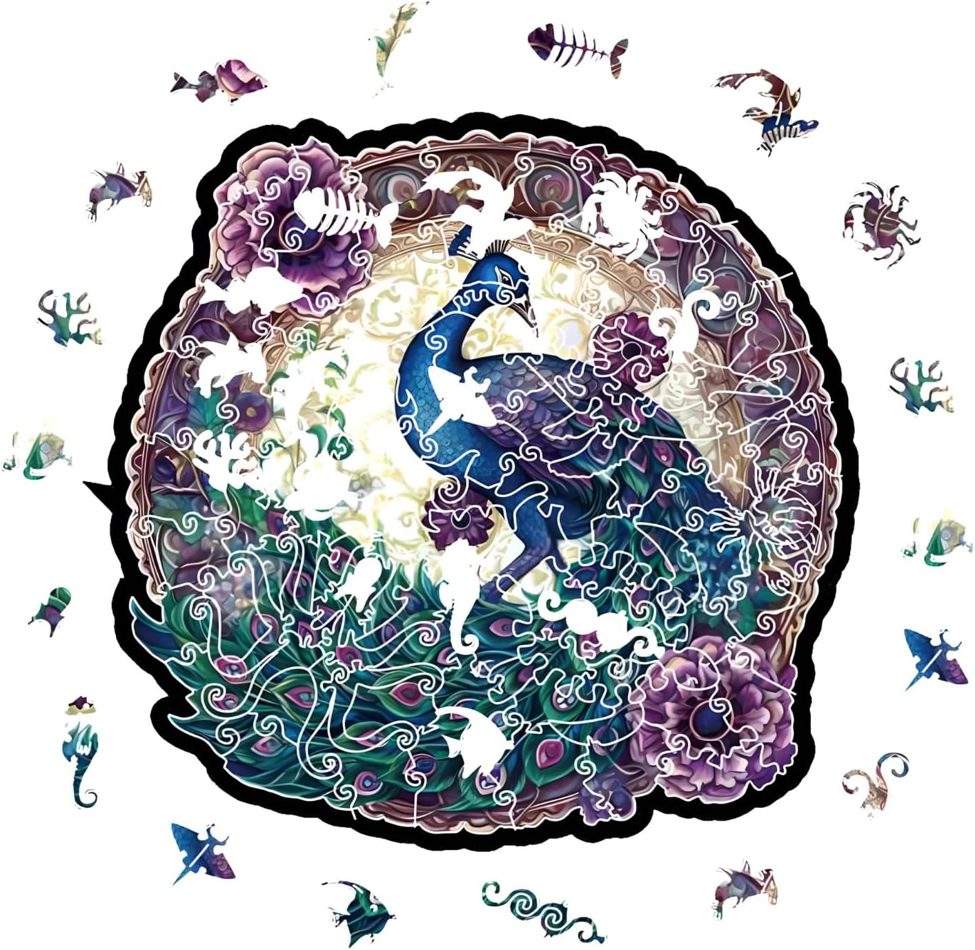 CRAFTHUB Enchanted Feather Blue and Purple Peacock Surrounded by Flowers Wooden Jigsaw Puzzle, Large/A3 image number 3