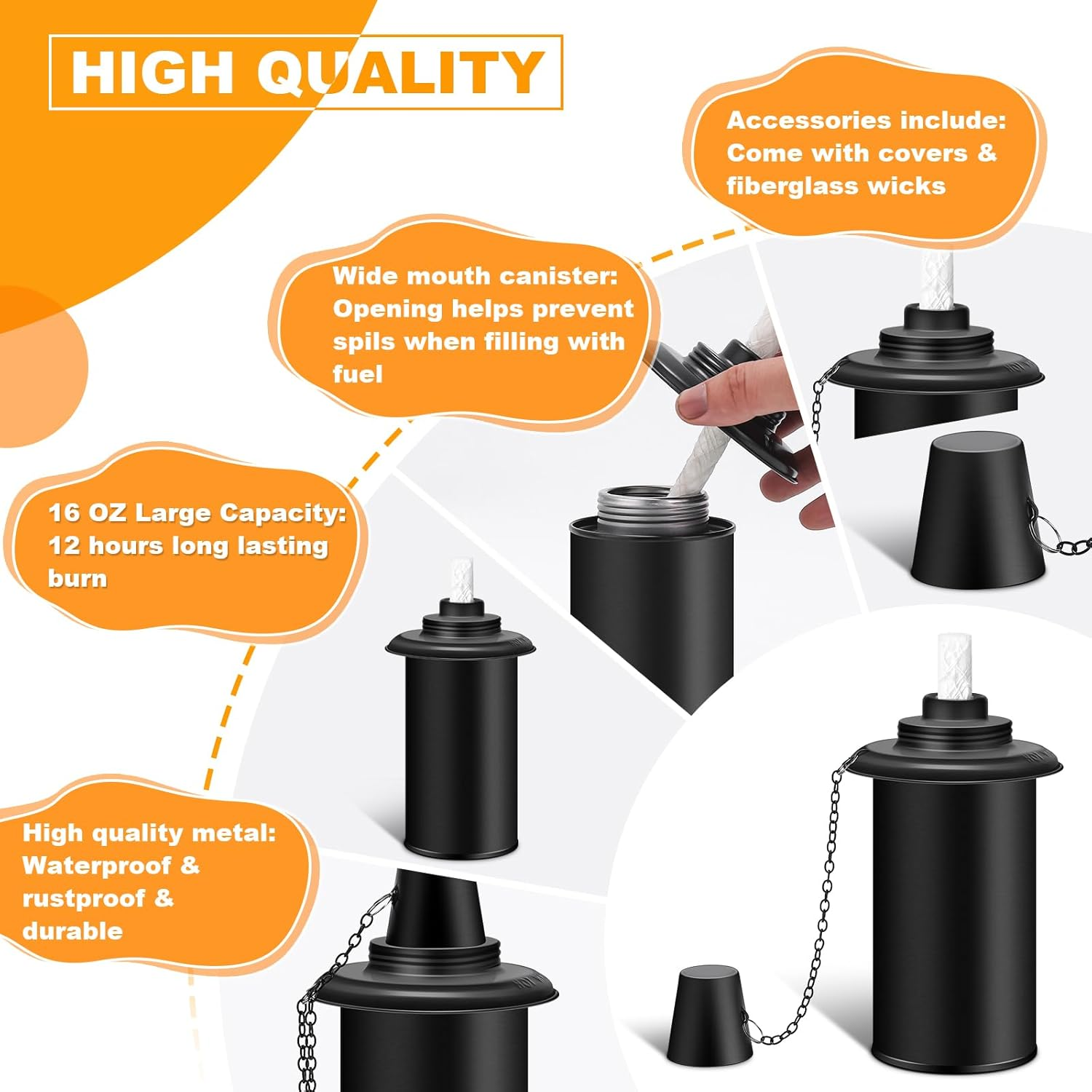 Fan-Torches 4 Pack Torch Canisters,16Oz Replacement Torch Refillable Canisters with Wicks,Caps, Outdoor Citronella Fuel Torch Canister for Luau Party, DIY Garden Decor.