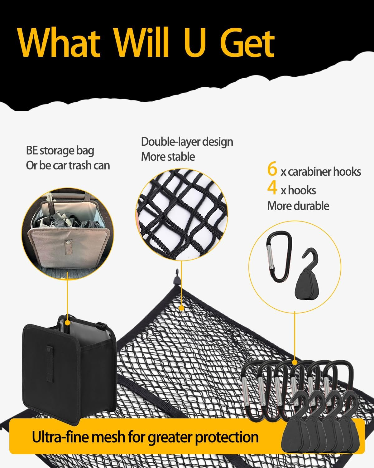 Truck Bed Cargo Net 4'X4' Expandable to 8'X8' | Heavy Duty Elastic Cargo Net for Pickup Truck Bed & SUV Roof Racks | Fits Ford Chevy Dodge Toyota Jeep Trailer with Metal Carabiners (Double-Layer Net) image number 1