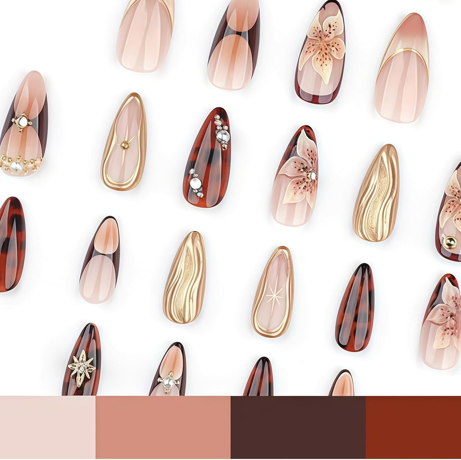 Yamobi Pack of 24 Press-On Nails, Almond Shape, 3D Flowers and Crystal Design, Handmade Press on Nails, Artificial Nails with 3D Almond Design image number 2