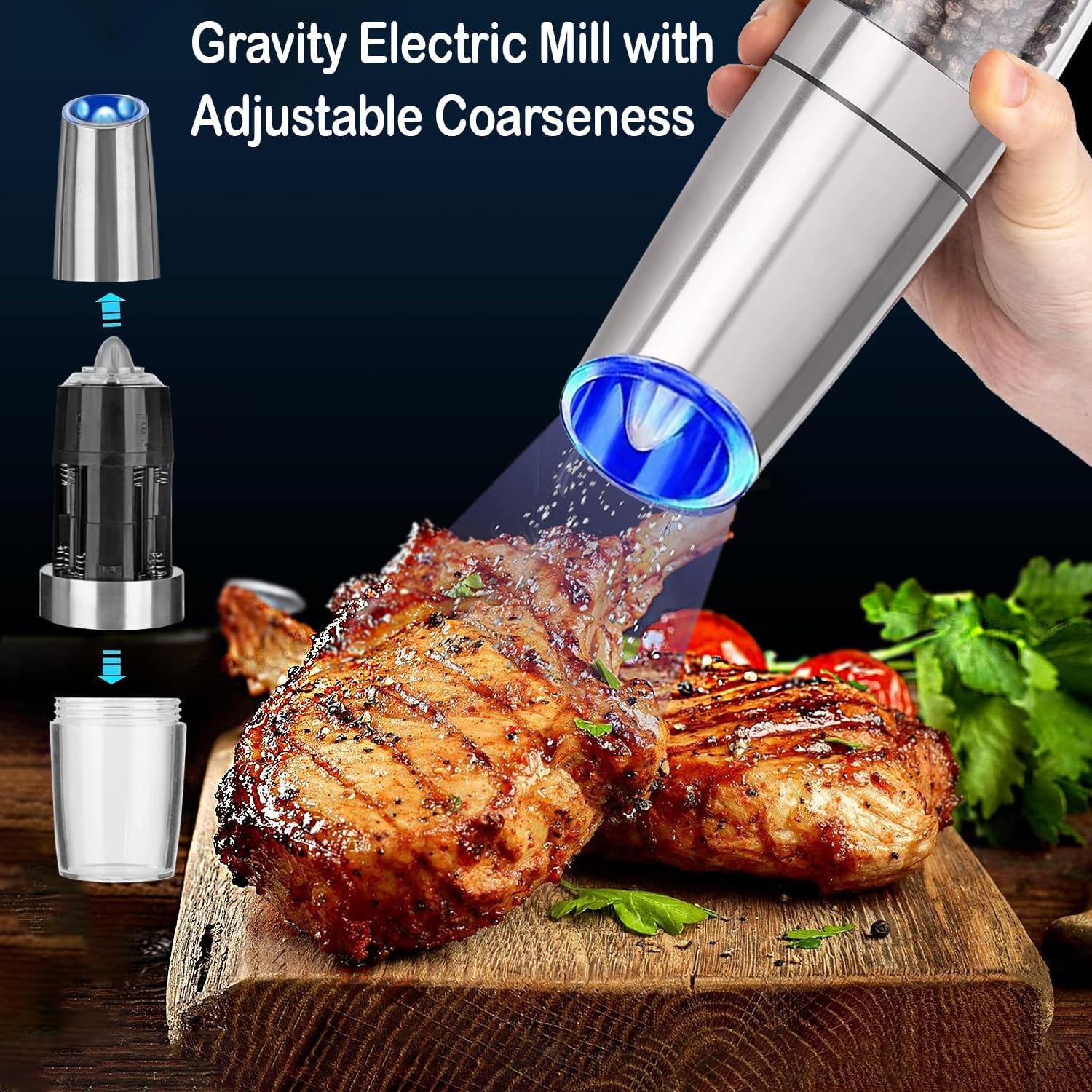 Chef Power High-Quality Gravity Electric Salt and Pepper Grinder with Cleaning Brush - Battery-Operated, Stainless-Steel Pepper Mill - LED Light, Automatic Salt and Pepper Grinder &ndash; 2 Set (Silver)