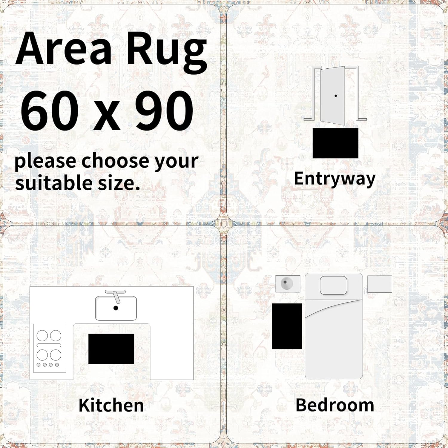 UZU 60X90Cm Non-Slip Machine Washable Entryway Rug, Indoor Door Mat Faux Cashmere Carpet Soft Durable Low Pile Area Rugs with Anti-Slip Backing for Bedroom Kitchen Bathroom Laundry Room - Home Decor image number 2