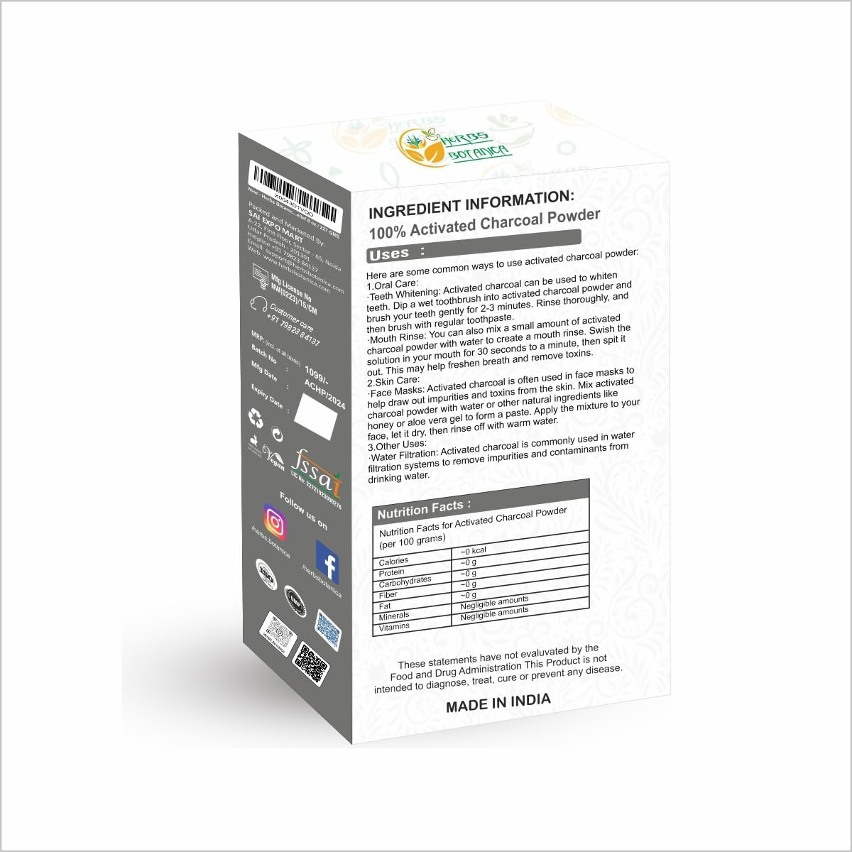 Herbs Botanica Activated Charcoal Powder, Food Grade Natural Detoxifier for Digestive Health, Teeth Whitening, Detoxification & Bug Bite Relief 227 Gm image number 2