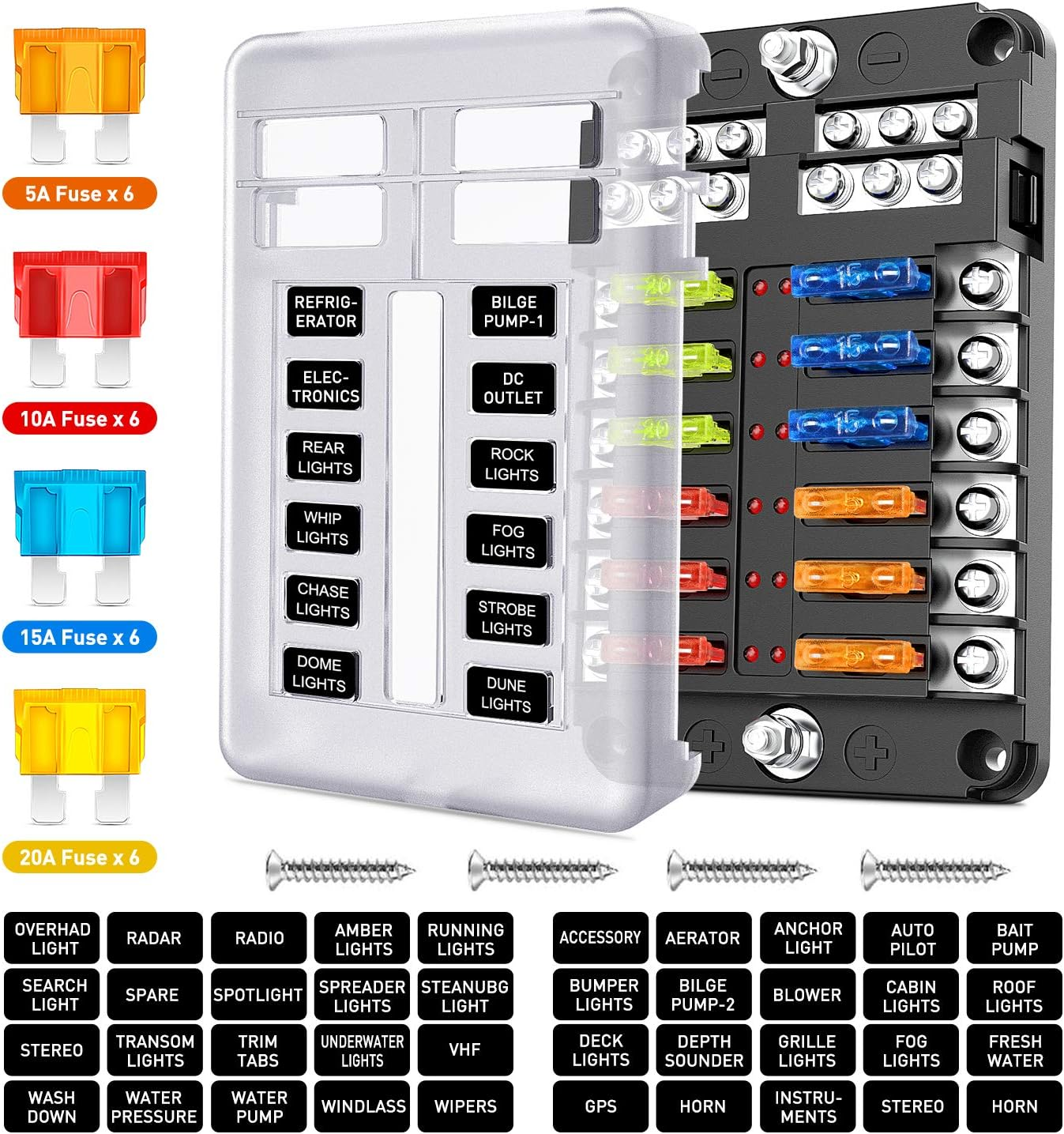Nilight 12 Way Blade Fuse Block 12 Circuits with Negative Bus Fuse Box Holder with LED Indicator ATO/ATC Fuse Panel Waterproof Cover for 12V Automotive Cars Marine Boats,Rvs,Trailers image number 6