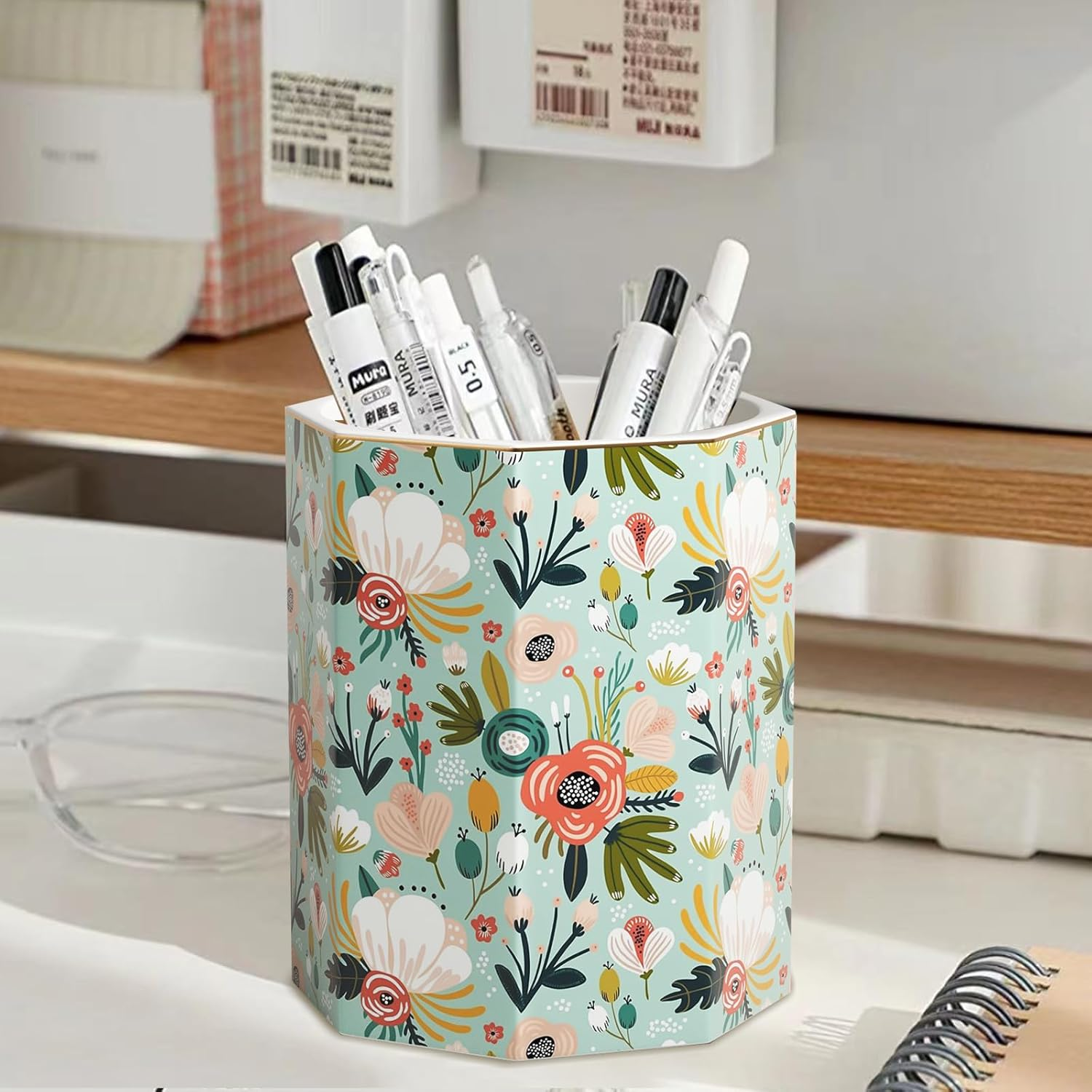 SZXYCZL Pencil Pen Holder Cup Desk Accessories,Beautiful Makeup Brush Holder Makeup Organisers,Durable Stand Desk Organizer Storage for Office Classroom Home-Green Flower image number 2
