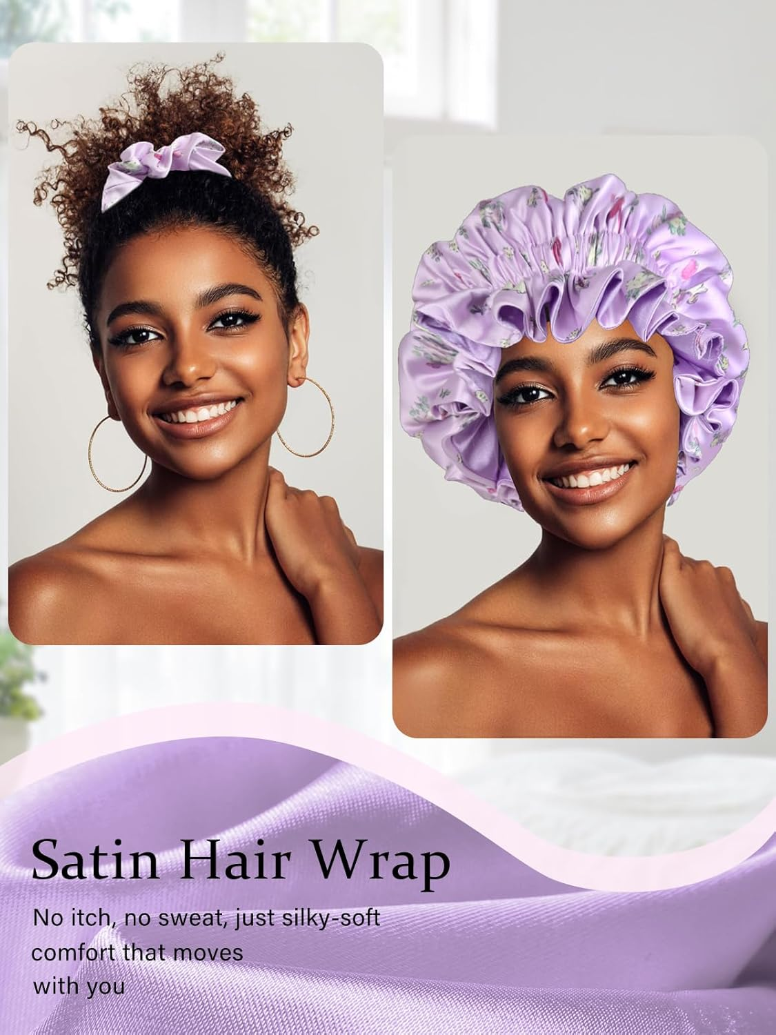Vettres Floral Satin Bonnet with Scrunchie Set,Double Layer Ruffle Reusable Sleeping Shower Cap for Curly Hair Yellow-Strawberries image number 5