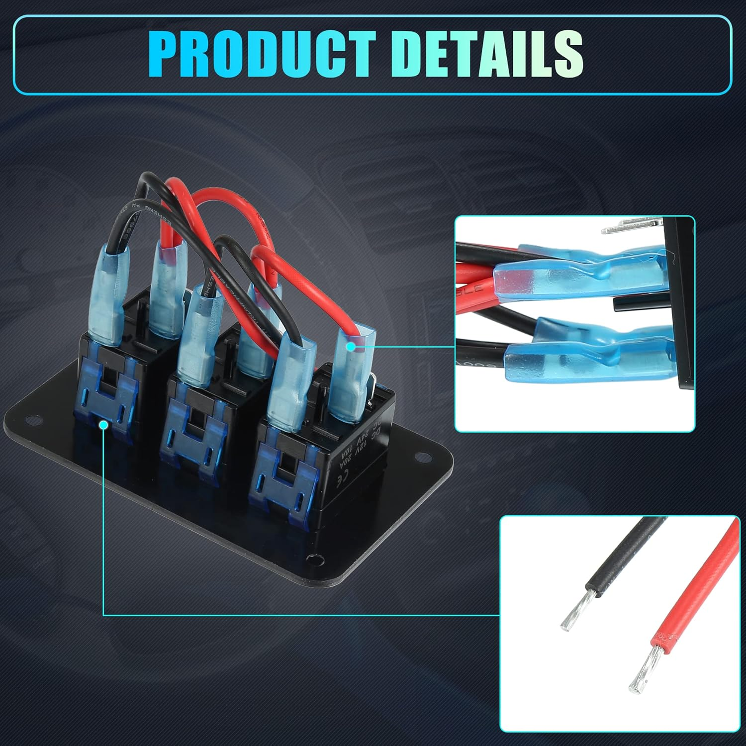 X AUTOHAUX 3 Gang Rocker Switch Panel 3 Pin on off Pre-Wired Toggle Switch Control Waterproof Aluminum Alloy Blue LED Light Push Button for 12V 24V Black - Gold Tone image number 5