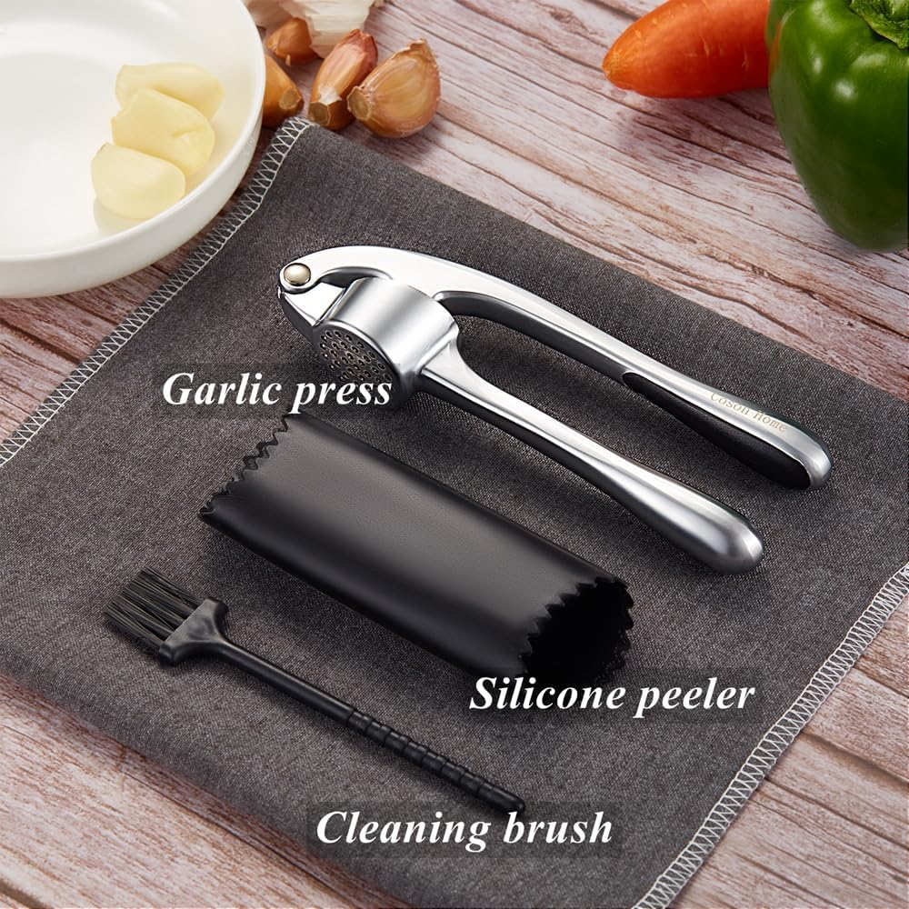 Garlic Press Mincer Crusher Peeler Chopper Garlic Puree Mashed Maker with Silicone Peeler Roller and Cleaning Brush,Zinc Alloy Heavy Soft-Handled 17X4.5Cm Silver