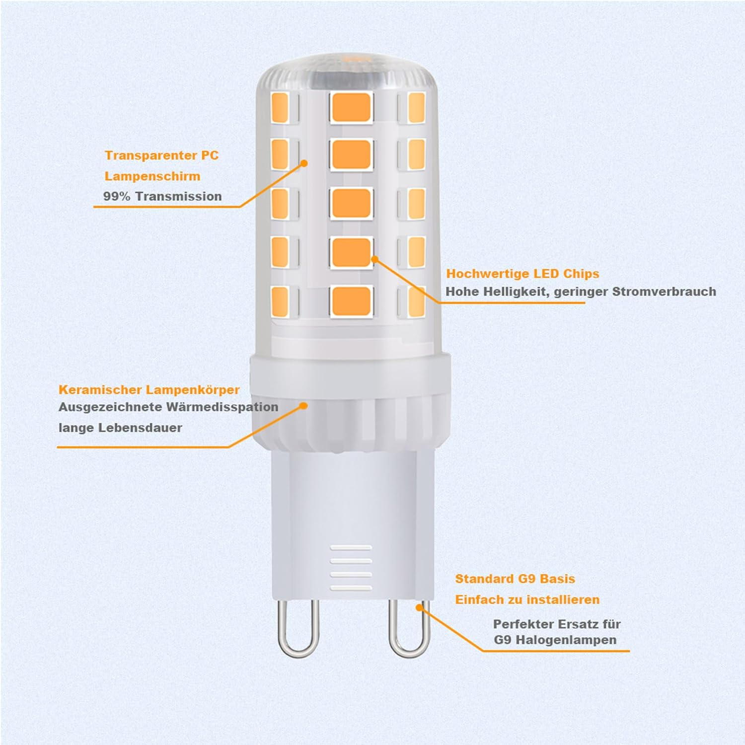 Ziefgn LED Bulb G9 Socket, Warm White (2700 K), Replacement for Conventional 40 W Bulbs, 220-240 V, Energy-Saving Small Bulb, Not Dimmable, Pack of 6 image number 2