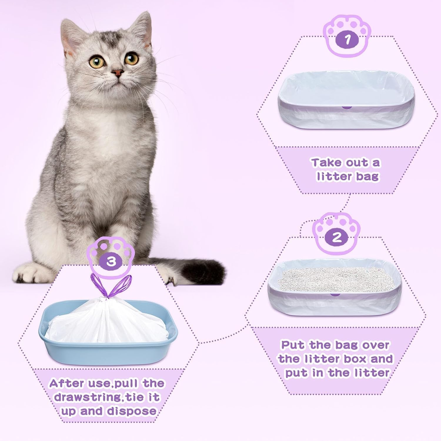 Cat Litter Box Liners Large, 35 Pack Jumbo Drawstring Cat Litter Bags, Extra Thick Pet Litter Pan Liners, Kitty Litter Bags Heavy Duty 41" X 18" image number 3