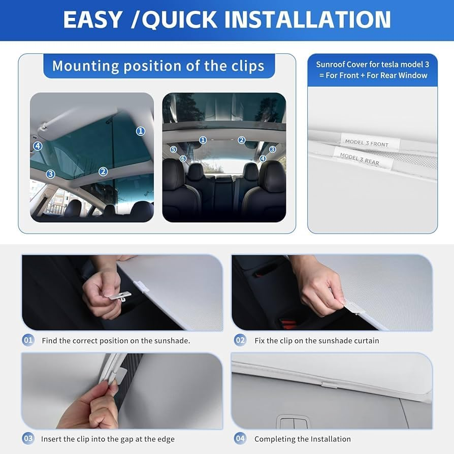 Tesla Model 3 Accessory 2023 Australia Glass Roof Sunshade (BLACK) Windshield+ Front + Rear Top Shades for Glass Roof Sunroof for Model 3 Sunshades Only Fit to Yr 2021-2023 Models. image number 5