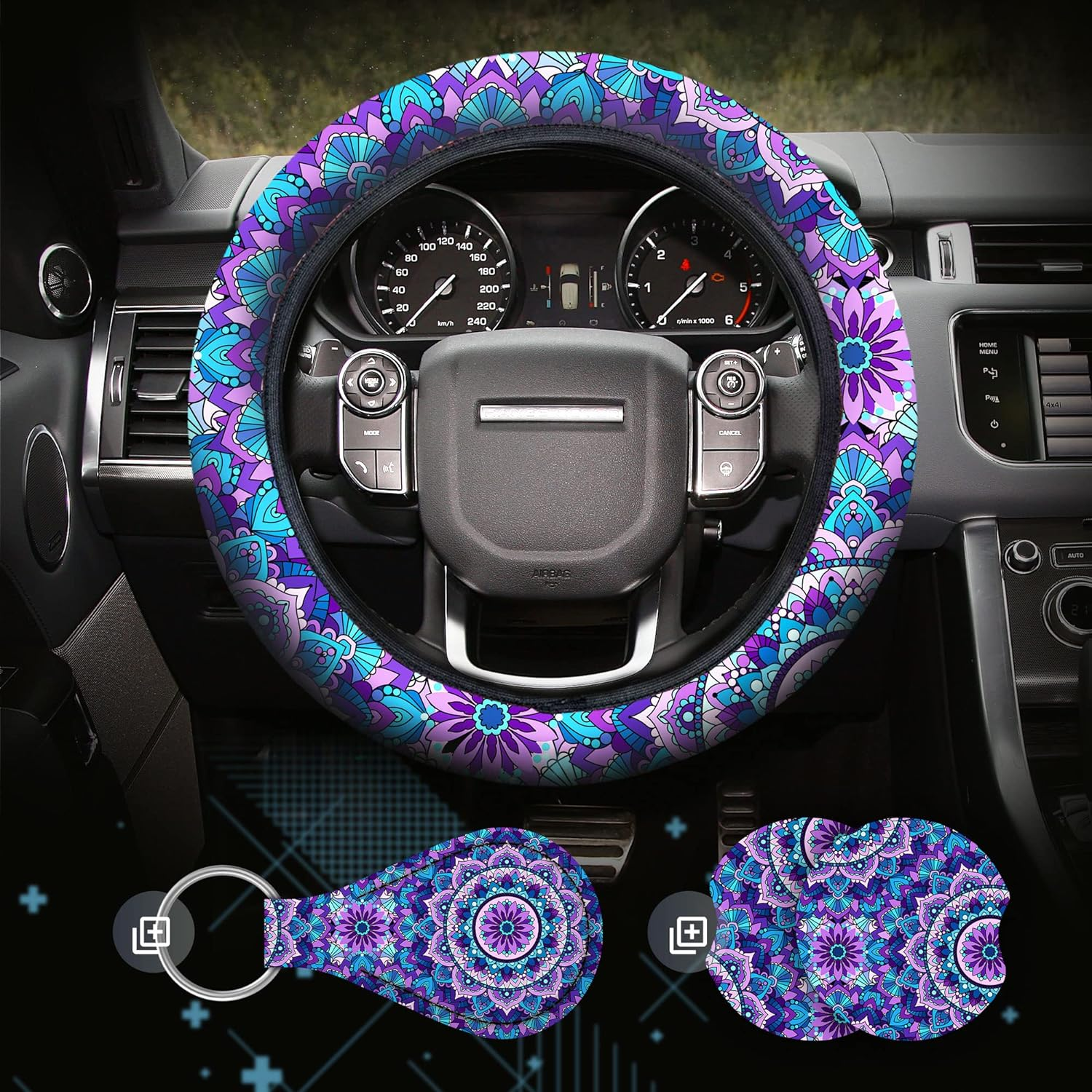 4 Pieces Mandala Purple Lotus Steering Wheel Cover Set with 2Pcs Car Cup Coasters & Quarter Keyring, Cute and Fashionable Non-Slip Purple Steering Wheel Cover, Universal Fit 14-15.5 Inches
