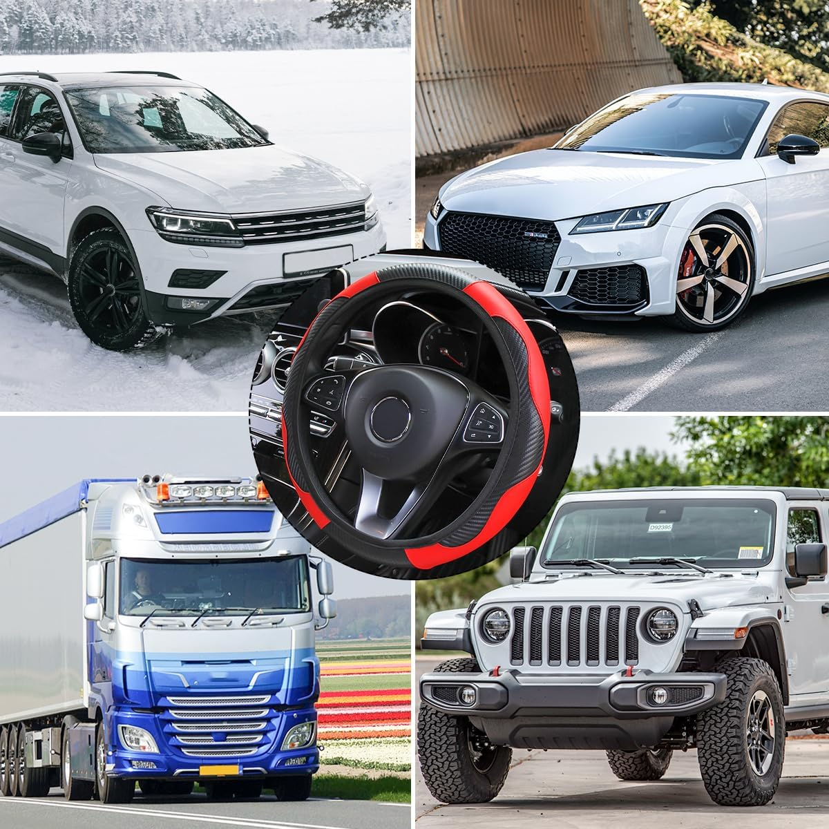 Car Steering Wheel Cover, 15 Inch Carbon Fiber Microfiber PU Leather Elastic Steering Wheel Protector for Men Women, Anti-Slip Breathable Car Interior Accessories for Most Cars (Red) - Blue image number 6