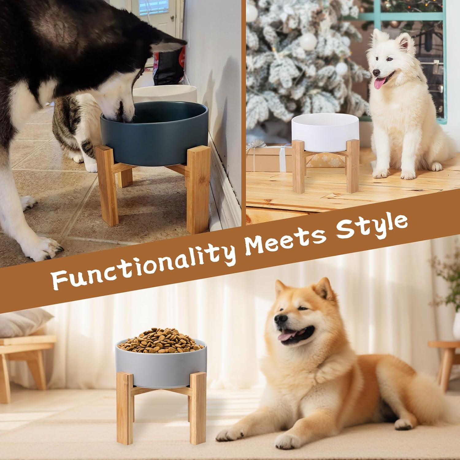 Raised Ceramic Large Dog Bowl - Heavy Weighted Dog Dish with Bamboo Stand - Elevated for Comfortable Feeding - 8.3" W X 8" H - 4.5 Cups (68 Fl Oz) - White image number 4