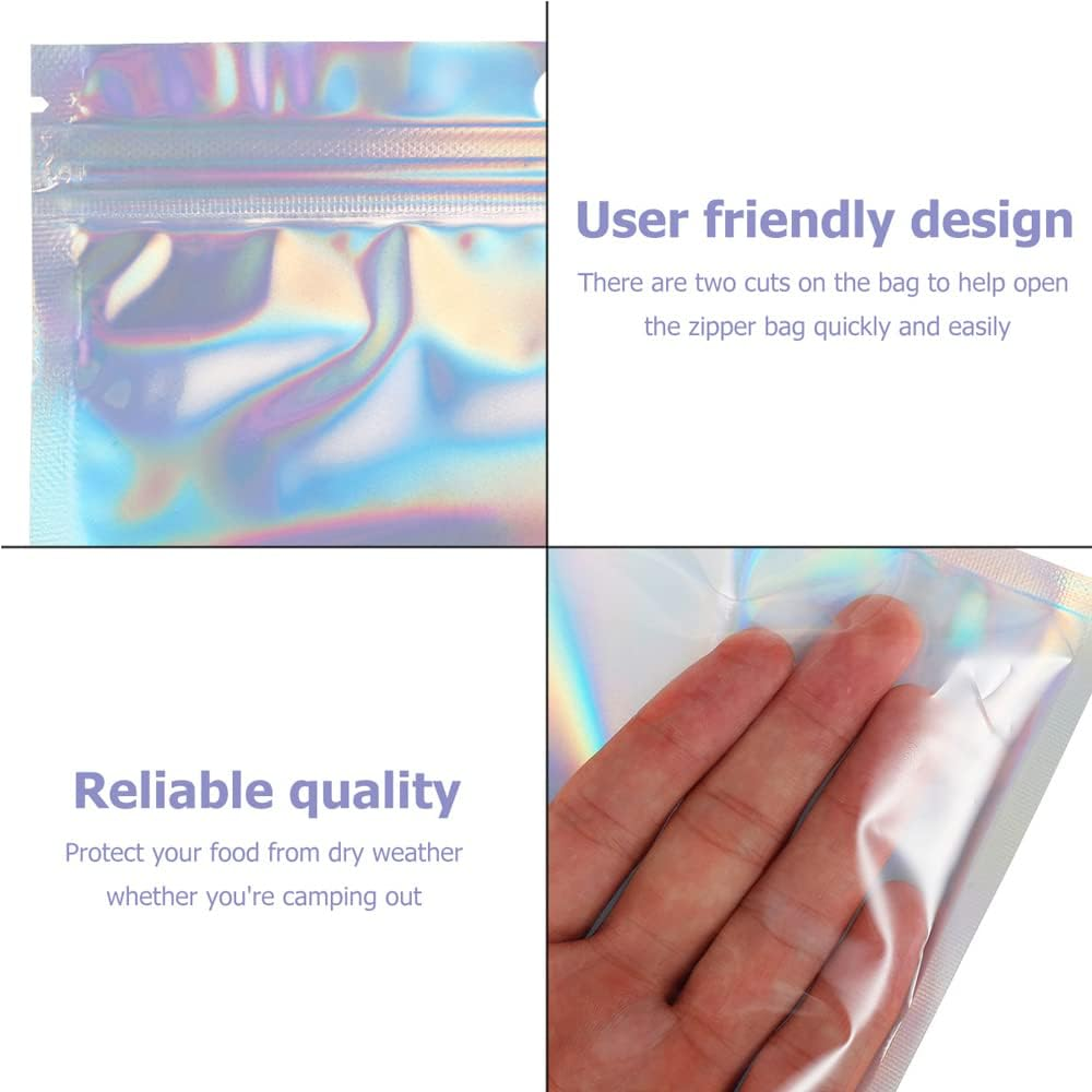 50PCS Food Storage Pouch Holographic Resealable Mylar Zip Aluminum Foil Bag (9X16Cm)