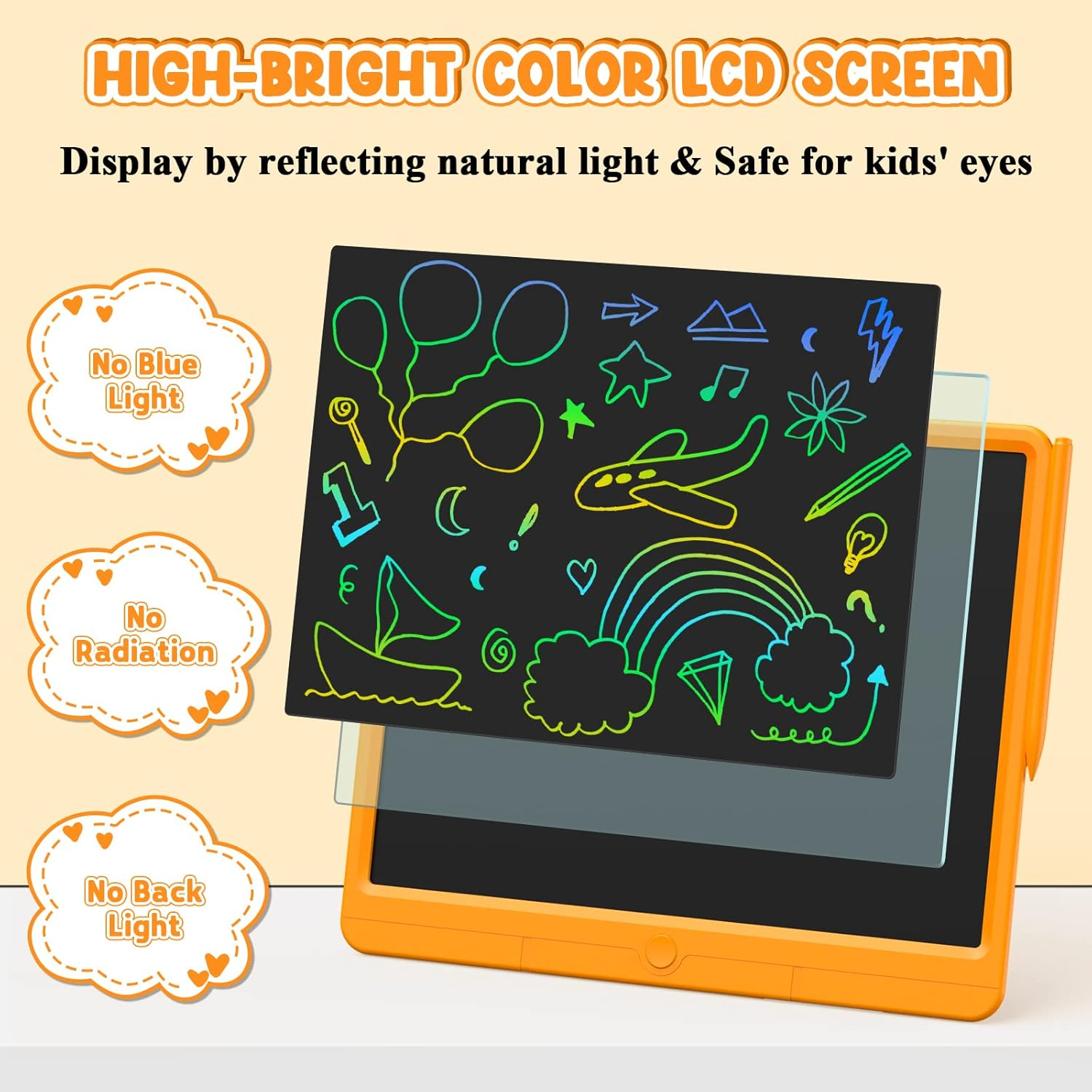 Wicue LCD Writing Tablet for Kids Drawing Board, Colorful Drawing Pads 15In Electronic Drawing Tablet, Educational Toys for 3 4 5 6 7 8 Years Old Kids Toddler (Orange)