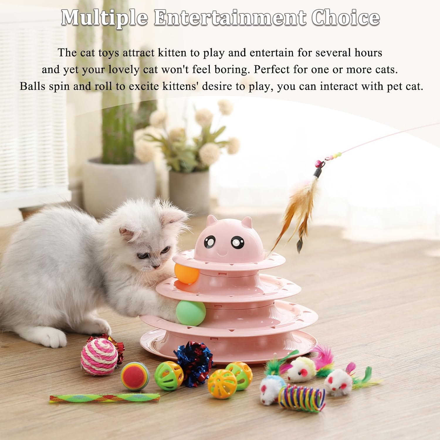 Vealind Pet Interactive Fun Roller Exerciser 3 Level Tower of Tracks Cat Teaser Ball Toy(Pink) image number 6