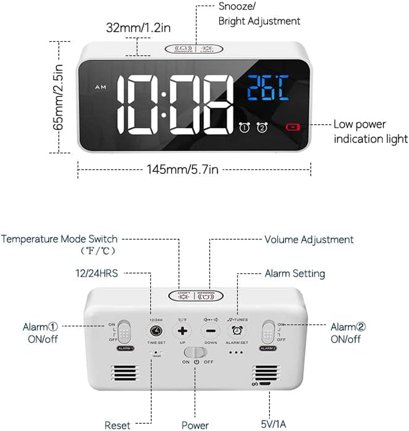 【2026 Upgraded】Digital Alarm Clock with Large Led Temperature Display, Portable Alarm Clock Digital, Snooze Time, Four-Level Adjustable Brightness Dimmer, 13 Music USB Charging Ports for Table Bedroom - 8808-White image number 4