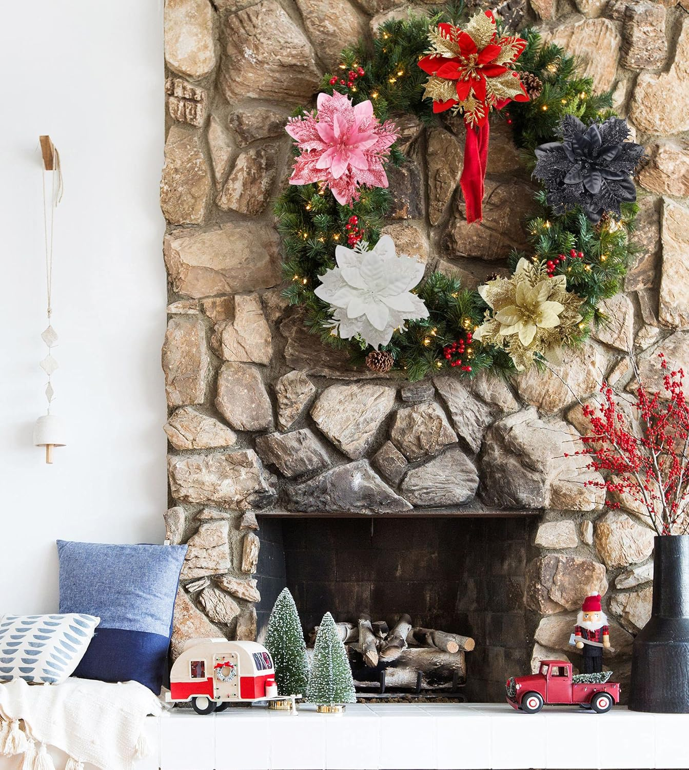 12 Pcs Poinsettia Artificial Christmas Flowers Decorations with Clips and Stems Glitter Christmas Poinsettia Decorations for Xmas Tree Ornaments Winter Party Wreath Decoration (Bright Golden) image number 6