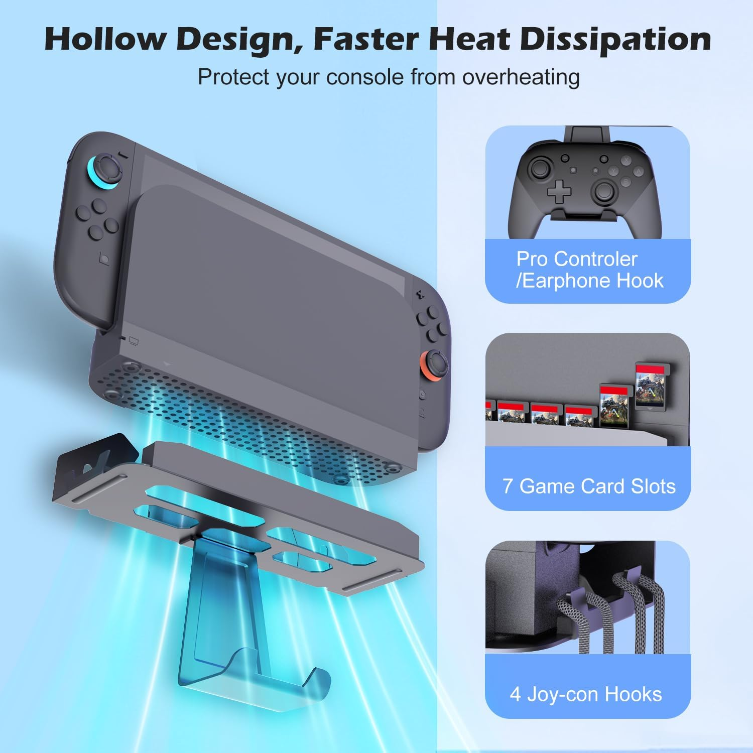 ZONEY Metal Wall Mount for Nintendo Switch 2 Console 2025, Switch 2 Organizer Shelf Base Kit behind Tv,Switch 2 Accessories with 7 Card Slots and 4 Joy-Con Hanger, Compatible with Switch 2/Oled/Switch image number 1