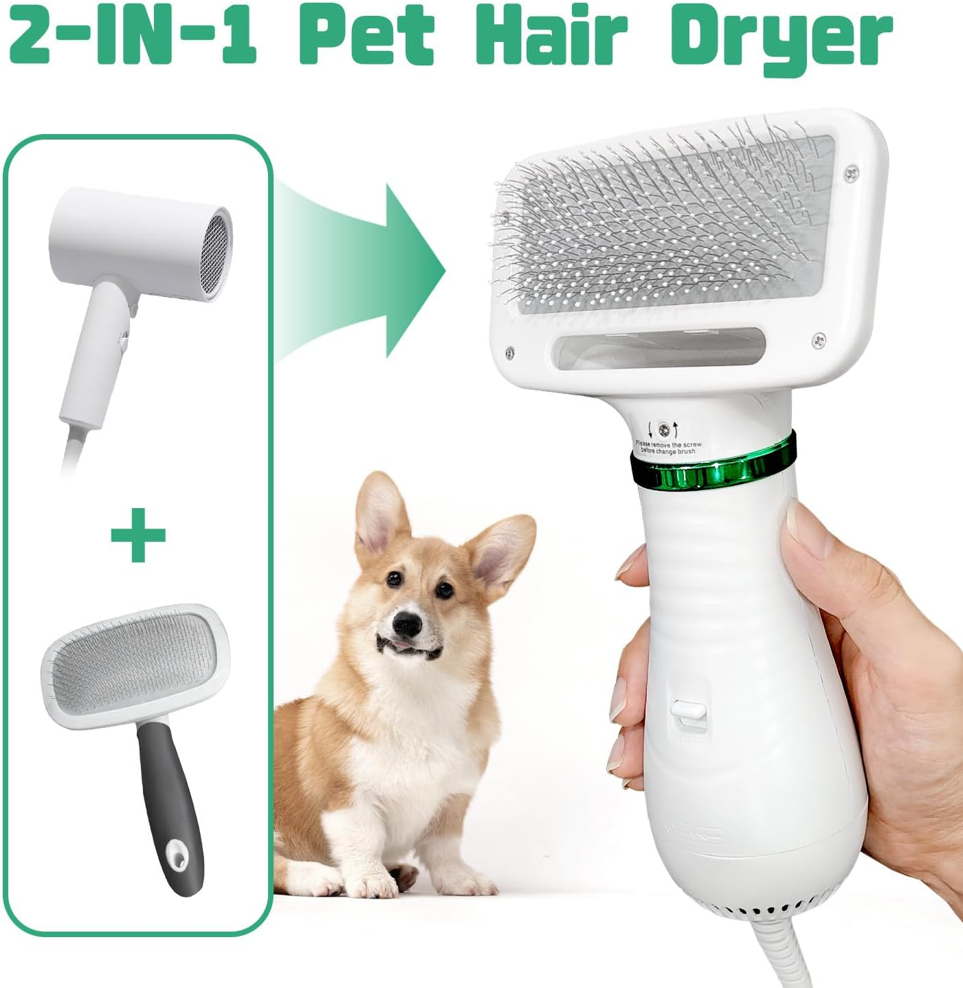 Dog Hair Dryer, 2-In-1 Dog Blow Dryer with Slicker Brush, 300W Pet Hair Dryer for Small and Medium-Sized Dogs and Cats, Dog Grooming Dryer Portable ＆ Adjustable Temperature image number 1