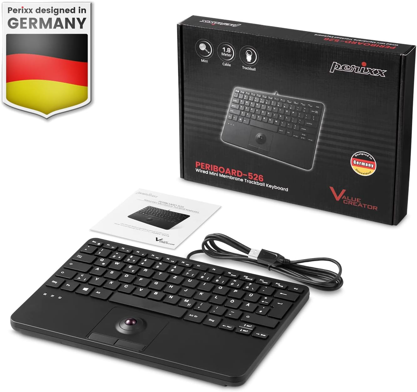 Perixx PERIBOARD-526 US, Wired Mini USB Keyboard with Trackball - X Type Scissor Keys - 11.18X7.17X1.1 Inches - Build-In 2 USB Hubs - US English image number 1