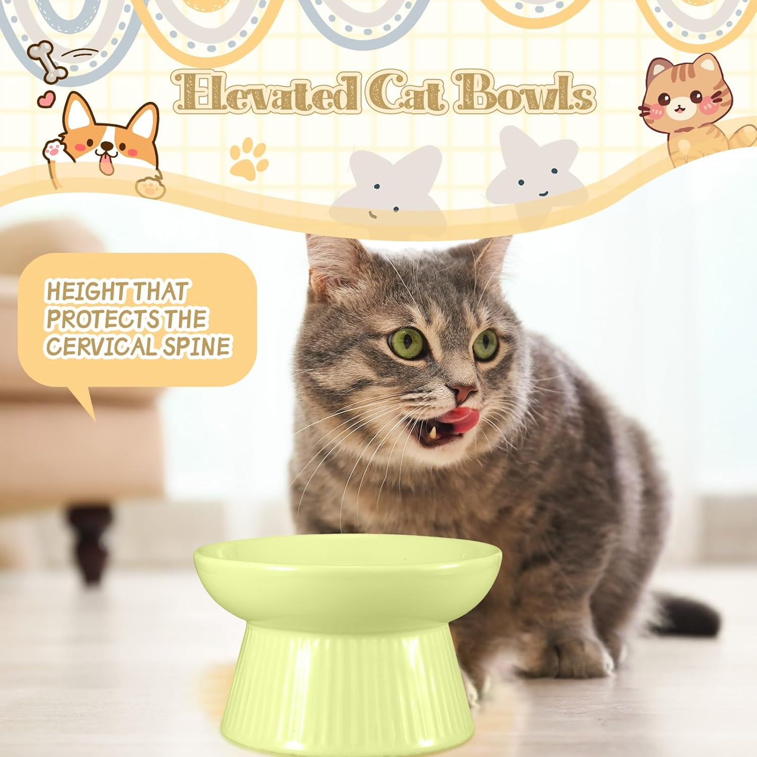 Layhit 2 Pack Raised Slow Feeder Cat Bowls Ceramic Elevated Cat Food Bowls anti Vomiting Slow Feeder for Dog and Kitten for Dry and Wet Food(Green, Pink) - Pink, White image number 4