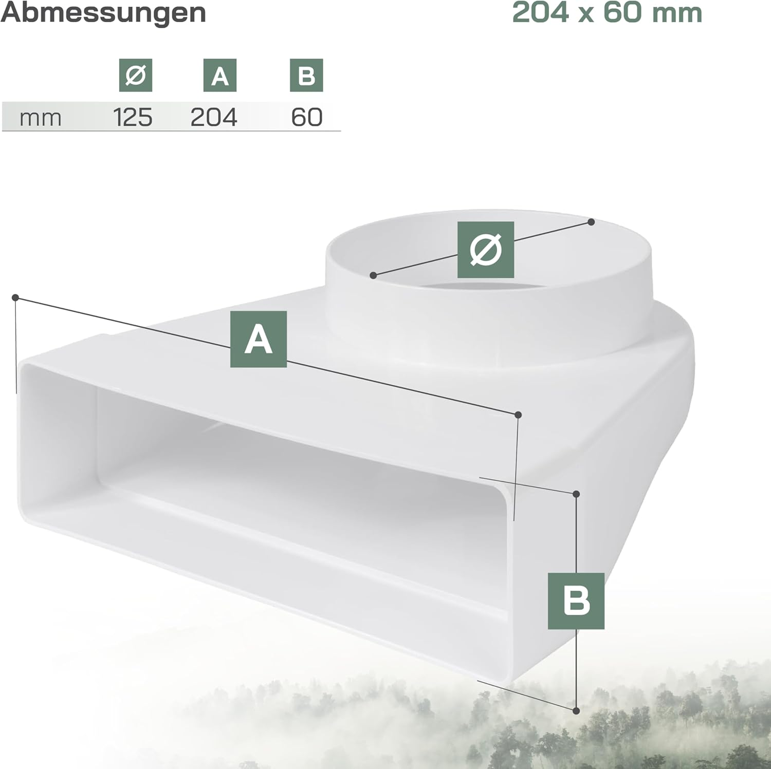 Vent Systems 204 X 60 Mm Rectangular 90&deg; Angle Duct Connector - Transition to Pipe with Diameter 125 Mm - Air Inlet, Outlet Coupling for HVAC Systems - Ventilation Connection for Heating, Cooling image number 3