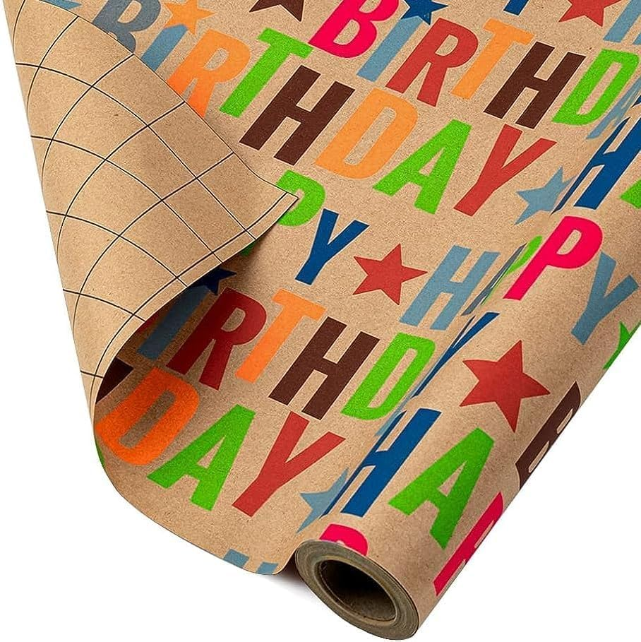 WRAPLA Kraft Wrapping Paper Roll 43Cm X 10M Colorful Text Happy Birthday Design Perfect for Birthday Holiday Wrap(17In X 33Ft) image number 2