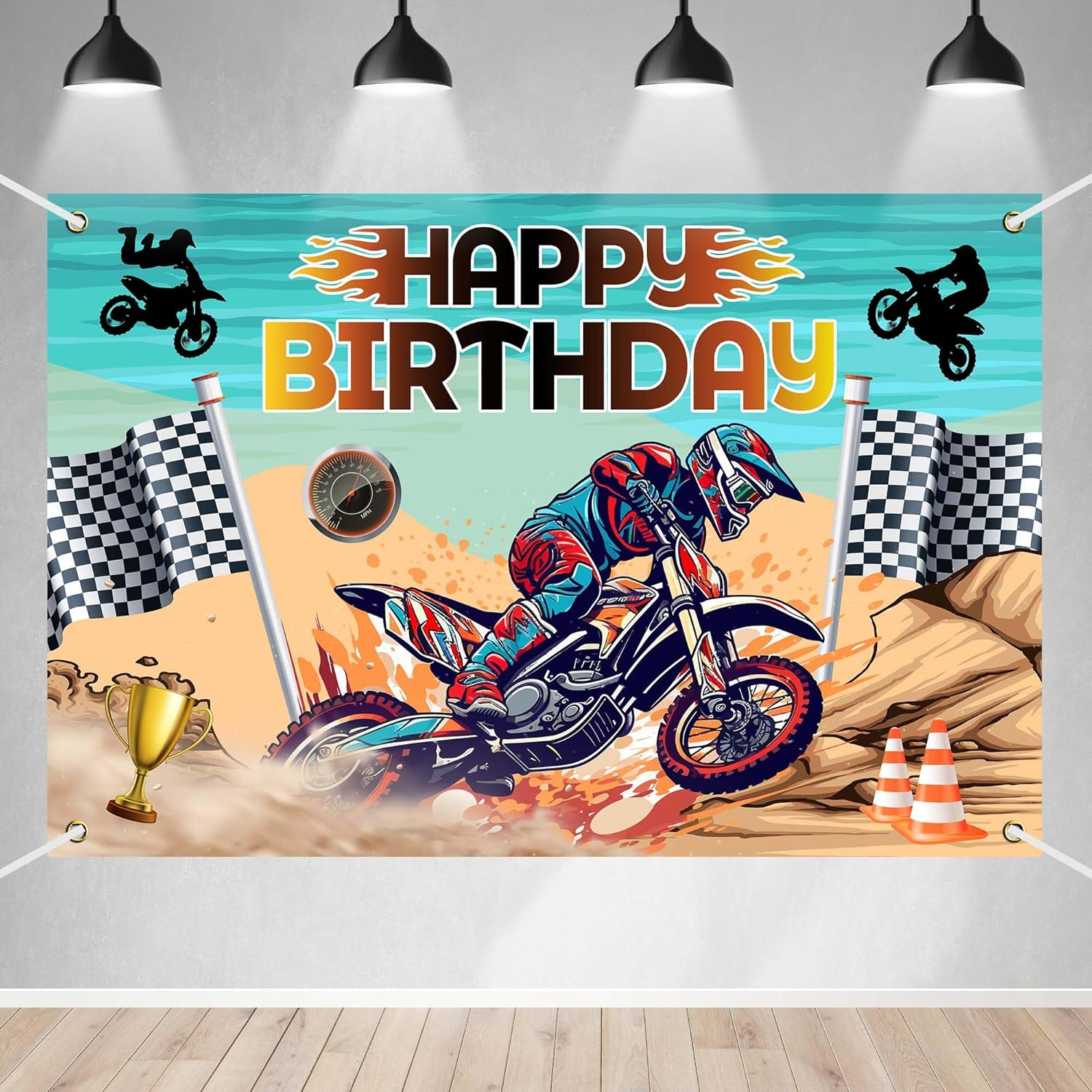 Dirt Bike Happy Birthday Party Banner Backdrop Motocross Racing Competition Checkered Extreme Sports Theme Decor for Riders Boys Girls Birthday Party Favors Decorations Supplies 70.8X47.2In-Beckten image number 5