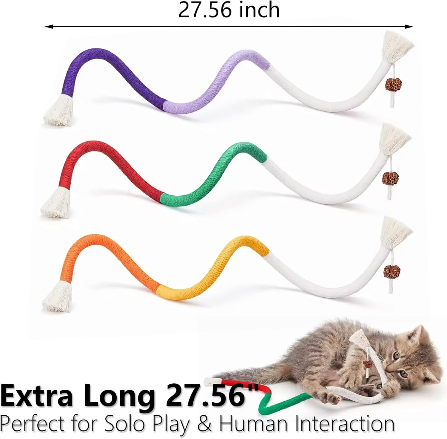 3 PCS Cat Chew Toys Rope Set, 27.56" Natural Sisal & Cotton Rope Cat Toys with Catnip, Pet-Friendly Teething & Oral Care Toys for Indoor Cats and Kittens image number 4