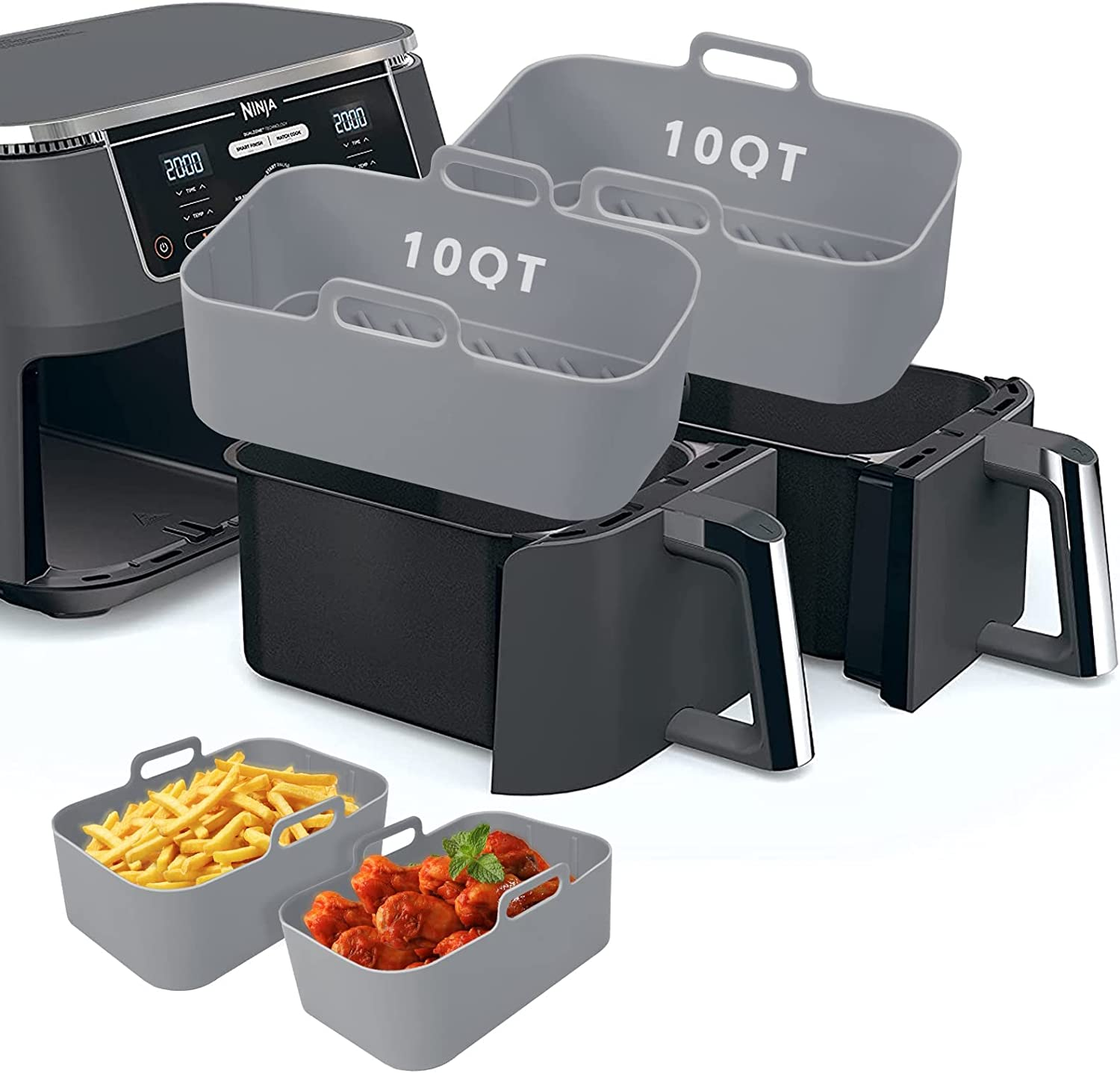 Eslotre Air Fryer Silicone Pot with Handle, 2 Pack 8In Reusable Silicone Air Fryer Liners, Food Safe, Dishwasher Safe, Grey, Oven Accessories, Replacement Parchment Paper Liners for Ninja DZ401