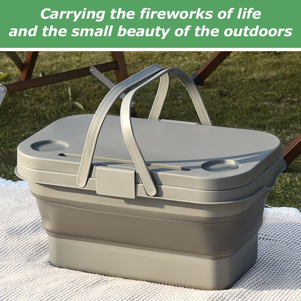 16L Collapsible Picnic Basket with Lid & Handles, 3-In-1 Foldable Table Bucket, Waterproof & Leakproof Storage Bin for Camping, Travel, Outdoor Picnic, Road Trips, Fishing image number 2