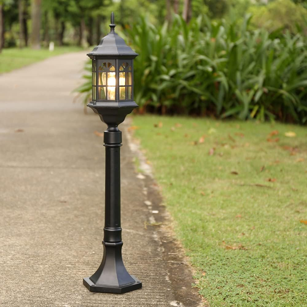 Retro Outdoor Post Light, 80Cm Garden Lamp, Black Metal with Glass Panels, E27 Base (B)
