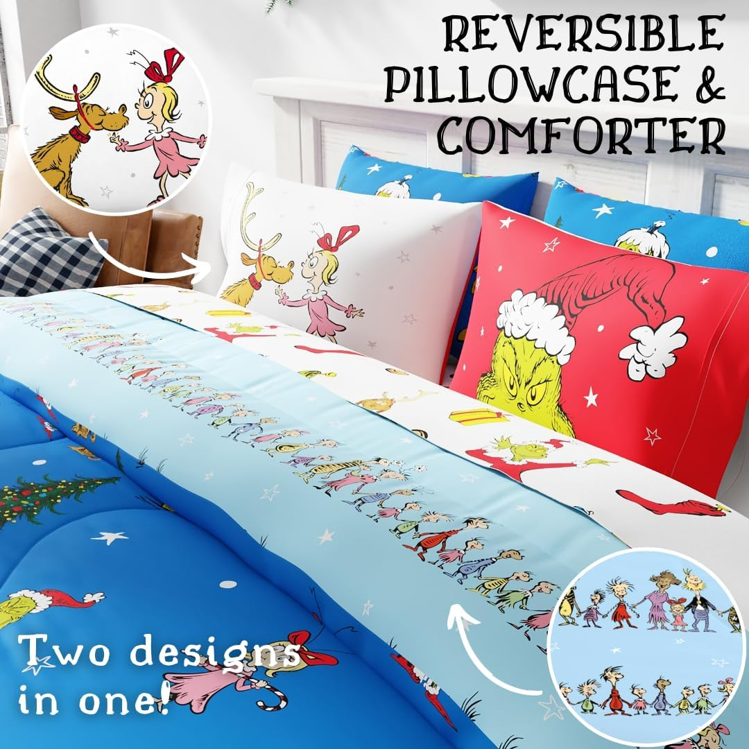 Franco Grinch by Dr. Seuss Holiday & Christmas Bedding Super Soft Comforter and Sheet Set with Sham, 7 Piece King Size (Official Dr. Seuss Product) image number 1