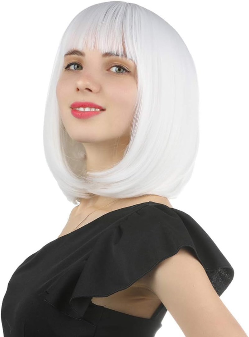 Enilecor Short Bob Hair Wigs 12" Straight with Flat Bangs Synthetic Colorful Cosplay Daily Party Wig for Women Natural as Real Hair+ Free Wig Cap (Light Pink)