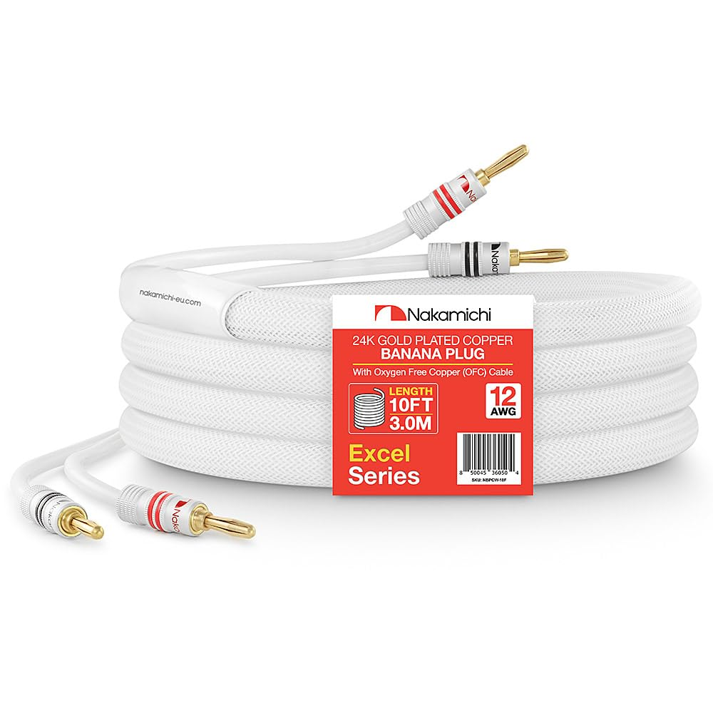 Nakamichi Excel Series 24K Gold Plated Banana Plugs with Speaker Cable Wire 99.9% Oxygen-Free Copper (OFC) Heavy Duty Braided for Amplifier Hi-Fi Home Theatre - White (12 AWG / 10 Feet / 3.0M) image number 4