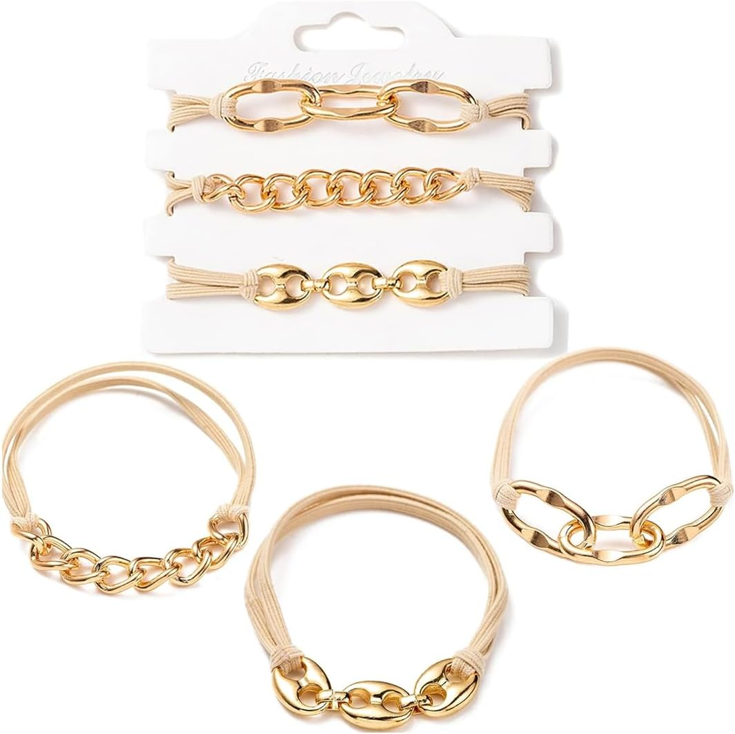 Pack of 3 Hair Bobbles for Women, Metal Chain, Hair Circle Ponytail Holder, Elastic Ponytail Holder Headbands image number 4