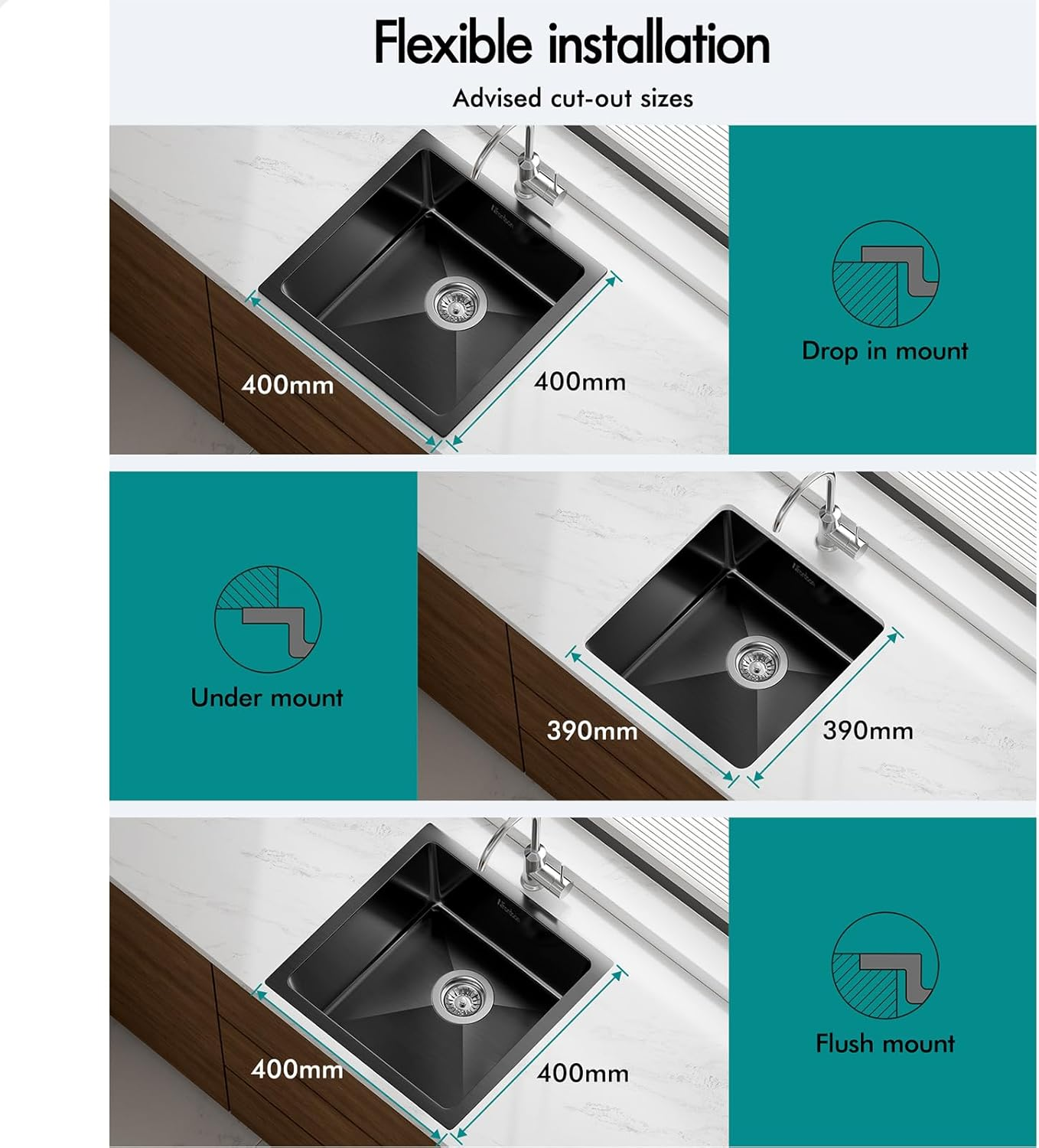 ALFORDSON 304 Stainless Steel Kitchen Sink Square Shape, 440 X 440 X 205Mm, Water Basin Sinks with 3Mm Thick Edge, Single Spacious Bowl with Waste Strainer, Dishwashing Workstation, Black Colour image number 5