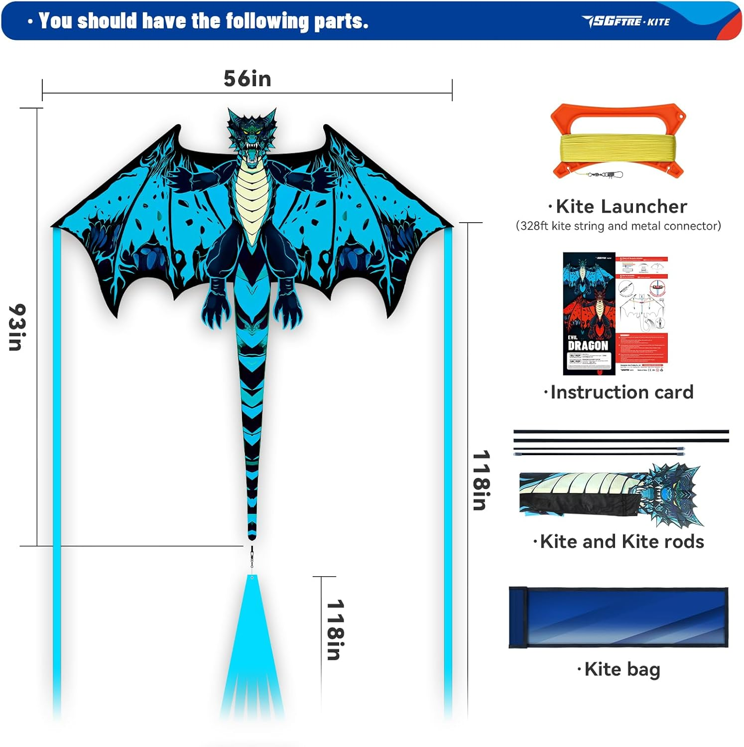Sgftre Red Evil Dragon Kite for Kids & Adults Easy to Fly,Single Line String with Tail for Beach Flying Kites,Kite for Outdoor Activities Family Parties and Beach Games - Blue Evil Dragon image number 5