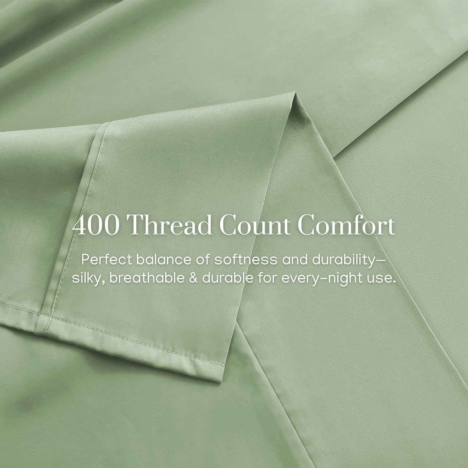 Dreamaker Serene 4 Pieces Bamboo Cotton Sateen Super King Sheets Set, Hypoallergenic Deep Pocket Fitted Sheet, Flat Sheet & 2 Pillowcases Easy Care Machine Washable Bedding Set Super King Size - Sage