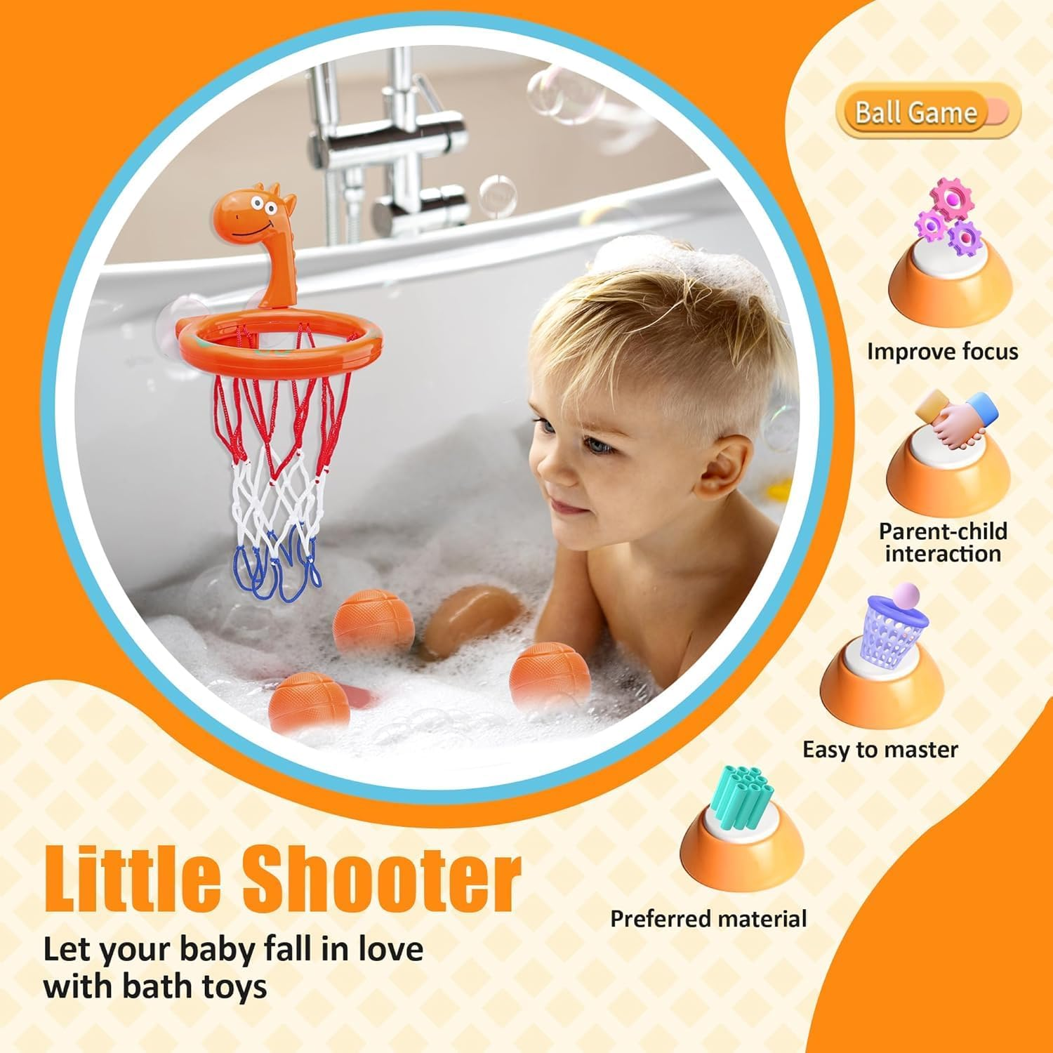 WADY Basketball Hoop Balls for Bathroom, Bathing Toy Bathtub Basketball Hoop, Suitable for Children, There Are Fun Game Gifts in the Bathroom, Suction Cup Basketball Hoop with 5 Ball (Orange Duck) image number 5