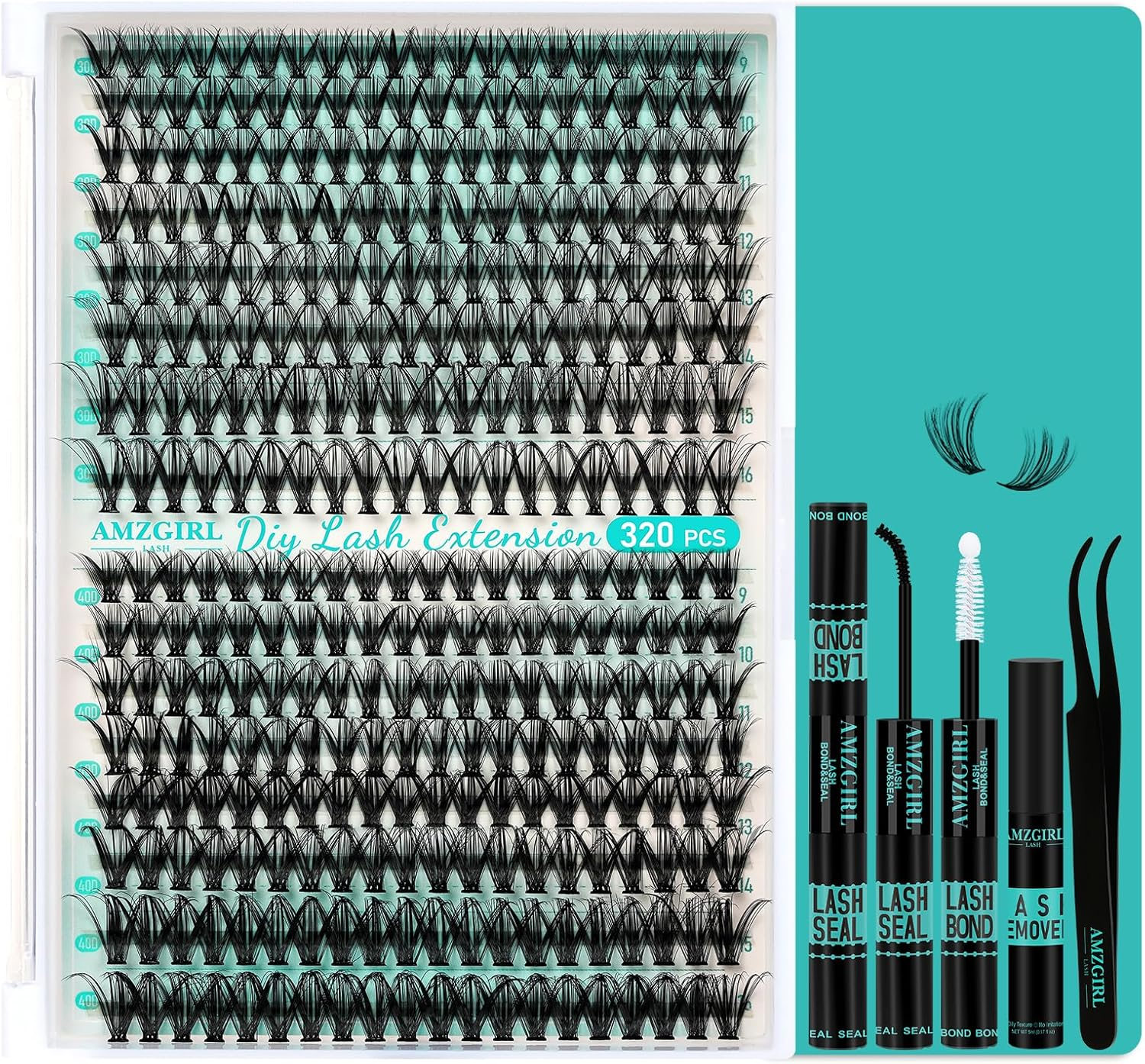 Lash Extension Kit 320Pcs,Diy Individual Lashes Clusters Kit,Lash Bond and Seal, Remover for Eyelashes Extensions, Applicator Tool for False Eyelash Cluster at Home(3040D,D-Mix9-16Mm) image number 2