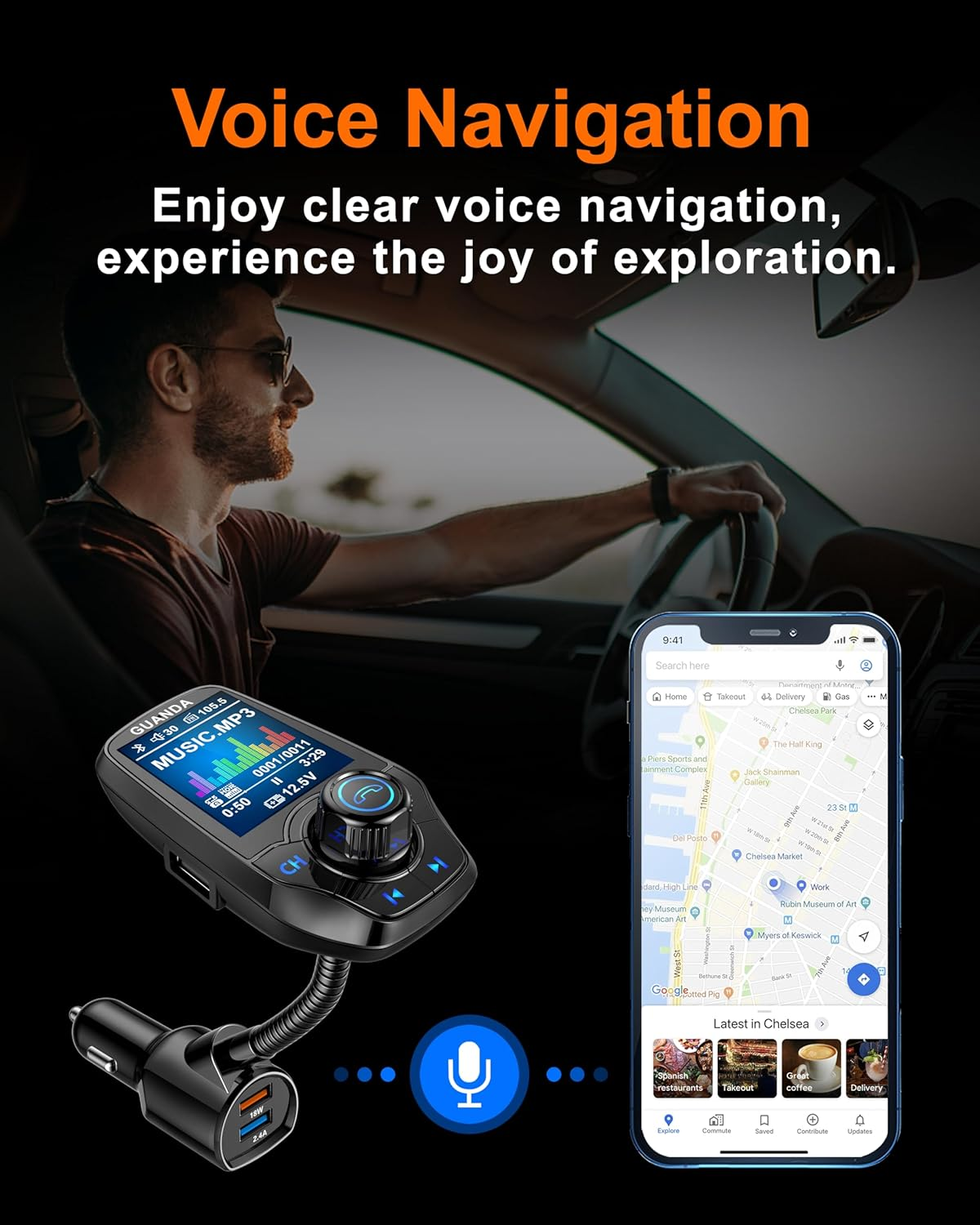 Bluetooth FM Transmitter In-Car Wireless Radio Adapter Kit W 1.8" Color Display Hands-Free Call AUX In/Out SD/TF Card USB Charger Fast Charging 18W for All Smartphones Audio Players - RM100 Black image number 4